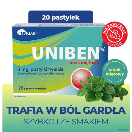 Uniben 3 mg, smak miętowy, 20 pastylek twardych - PRODUKT LECZNICZY NIEREFUNDOWANY OTC