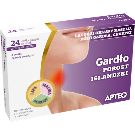 Gardło porost islandzki APTEO, 24 miękkie pastylki do ssania - zdjęcie produktu