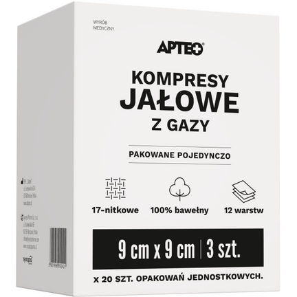 Apteo kompresy jałowe z gazy, 9 cm x 9 cm, 3 sztuki x 20 opakowań - zdjęcie produktu