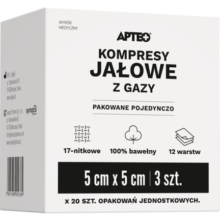 Apteo kompresy jałowe z gazy, 5 cm x 5 cm, 3 sztuki x 20 opakowań - zdjęcie produktu