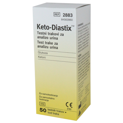 Keto-Diastix, test paskowy do badania stężenia glukozy i ciał ketonowych w moczu, 50 sztuk - zdjęcie produktu