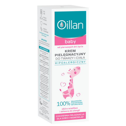 Oillan Baby, krem pielęgnacyjny do twarzy i ciała od pierwszych dni życia, 75 ml - 5900116019611
