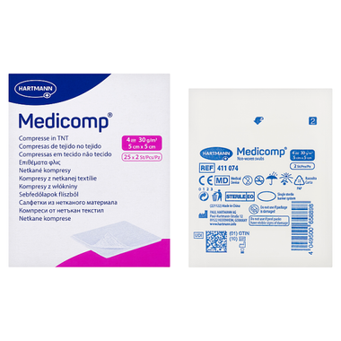 Medicomp, kompresy 4-warstwowe jałowe, 5 cm x 5 cm, 2 x 25 sztuk