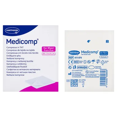 Medicomp, kompresy 4-warstwowe jałowe, 5 cm x 5 cm, 2 x 25 sztuk