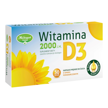 Witamina D3 2000 j.m., 30 kapsułek miękkich do żucia o smaku pomarańczowym w oleju słonecznikowym - zdjęcie produktu