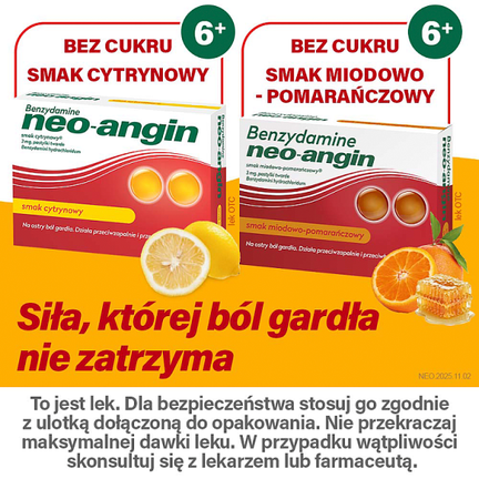 Benzydamine Neo-Angin 3mg, smak miodowo-pomarańczowy, 20 pastylek twardych