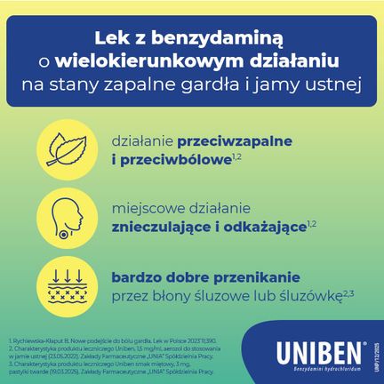 Uniben 3 mg, smak cytrynowy, 20 pastylek twardych - PRODUKT LECZNICZY NIEREFUNDOWANY OTC