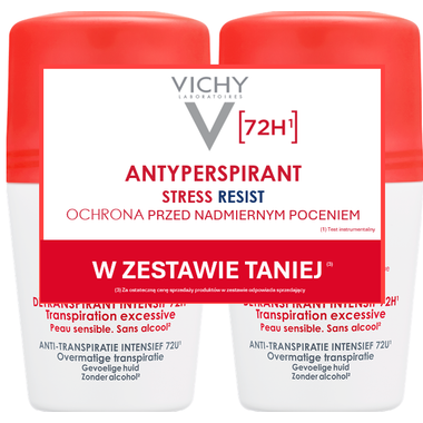 Vichy Stress Resist, antyperspirant roll-on, intensywna kuracja przeciw poceniu się, 72h, 2 x 50 ml