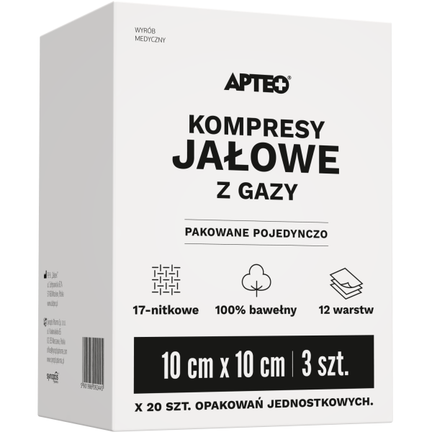 Apteo kompresy jałowe z gazy, 10 cm x 10 cm, 3 sztuki x 20 opakowań - zdjęcie produktu