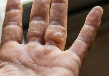 Wyprysk potnicowy to przewlekła choroba skóry, w której na powierzchni dłoni i podeszwach stóp pojawiają się pęcherze. 