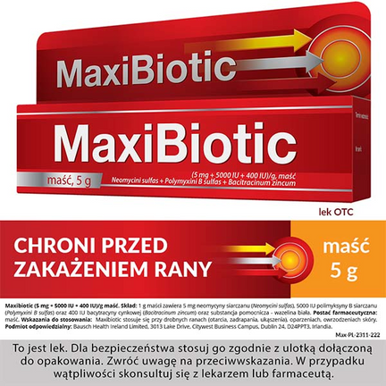 Maxibiotic, maść zawierająca 3 antybiotyki, 5 g - PRODUKT LECZNICZY NIEREFUNDOWANY OTC