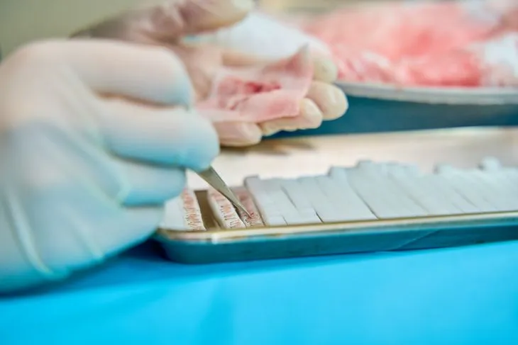 Biopsja gruboigłowa - pobrany wycinek tkanki trafia do badania w laboratorium.