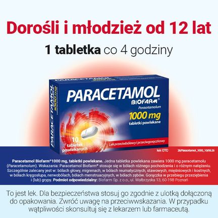 Paracetamol Biofarm 1000 mg, 10 tabletek powlekanych - Przeciwbólowe, Przeciwgorączkowe