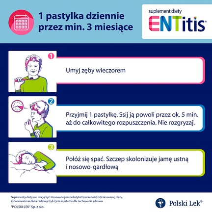 Entitis, smak truskawkowy, 30 pastylek do ssania - Dorosły, Dziecko, Młodzież