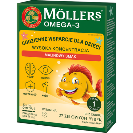 Möller’s Omega-3 Rybki Wysoka Koncentracja, o smaku malinowym, 27 żelek - zdjęcie produktu