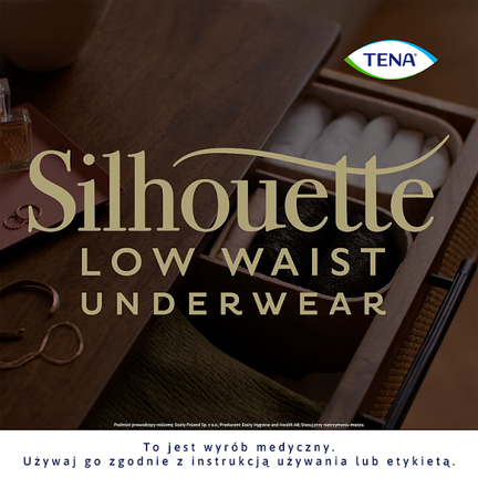 Majtki chłonne TENA Silhouette Black z niskim stanem, rozmiar M, 12 sztuk  - opakowanie produktu