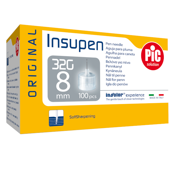 PiC Insupen Original 32G x 8 mm, igły do penów/wstrzykiwaczy insulinowych, 100 sztuk