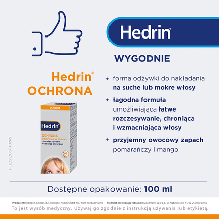 Hedrin, ochronna odżywka w sprayu do włosów chroniąca przed wszawicą, 100 ml - Dorosły, Dziecko