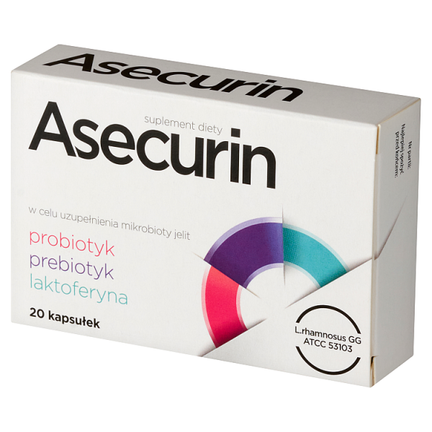 Asecurin, probiotyk, prebiotyk, laktoferyna, 20 kapsułek - SUPLEMENT DIETY