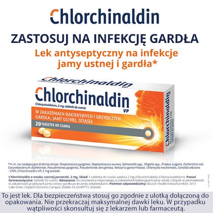 Chlorchinaldin o smaku czarnej porzeczki 2 mg, 20 tabletek do ssania - PRODUKT LECZNICZY NIEREFUNDOWANY OTC