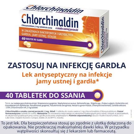 Chlorchinaldin o smaku czarnej porzeczki 2 mg, 40 tabletek do ssania - BAUSCH HEALTH