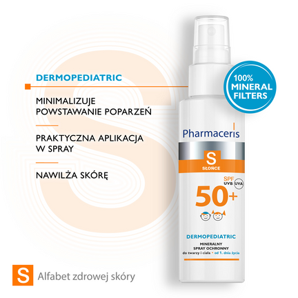 Pharmaceris S Dermopediatric, mineralny spray ochronny do twarzy i ciała SPF 50+, 100 ml - SPRAY