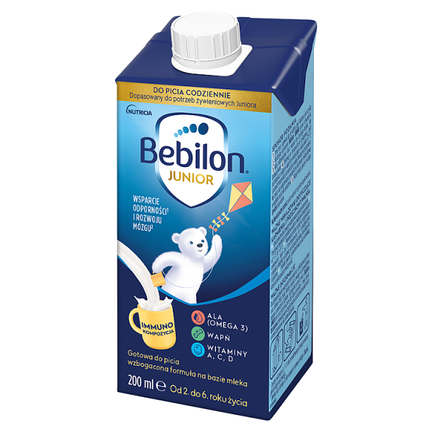 Bebilon Junior, gotowa do picia wzbogacona formuła na bazie mleka, od 2. do 6. roku życia, 200 ml - ŻYWNOŚĆ SPECJALNEGO PRZEZNACZENIA MEDYCZNEGO