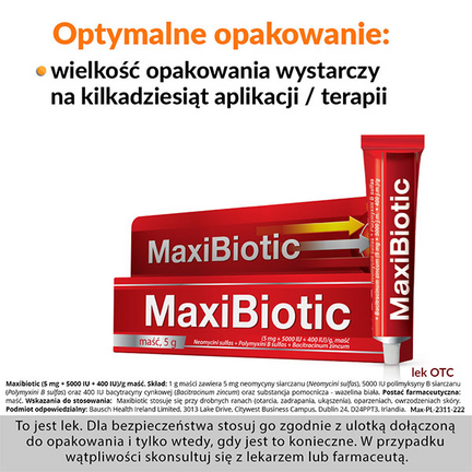 Maxibiotic, maść zawierająca 3 antybiotyki, 5 g - Dorosły