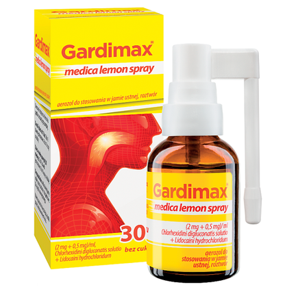 Gardimax medica lemon spray, (2 mg + 0,5 mg)/ml, aerozol do stosowania w jamie ustnej, roztwór, 30 ml - zdjęcie produktu