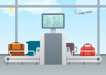 ilustracja taśmy z prześwietlanym bagażem w trakcie kontroli celnej na lotnisku