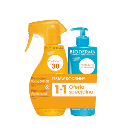 Zestaw: Bioderma Photoderm, spray przeciwsłoneczny SPF 30, 400 ml + Bioderma Photoderm Apres-soleil, mleczko po opalaniu, 500 ml - zdjęcie produktu