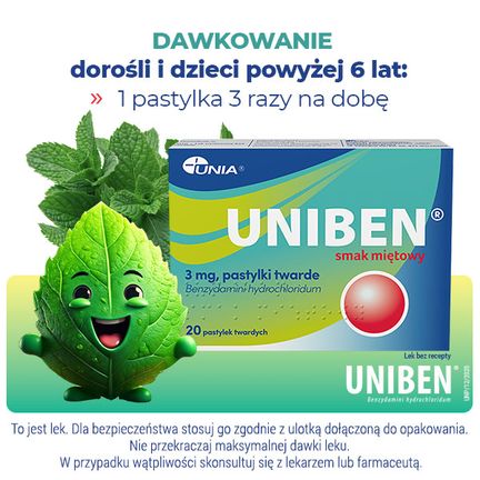 Uniben 3 mg, smak miętowy, 20 pastylek twardych - UNIA