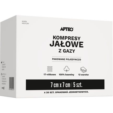 Apteo kompresy jałowe z gazy, 7 cm x 7 cm, 5 sztuk x 20 opakowań - zdjęcie produktu