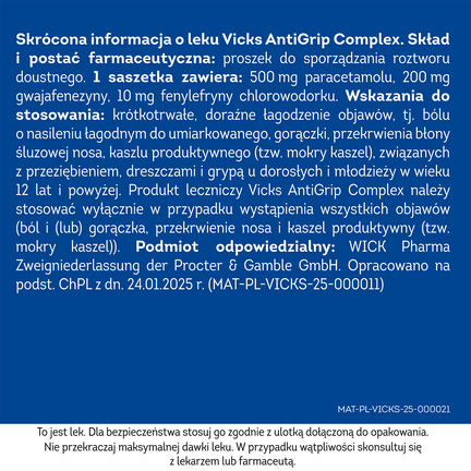Vicks Antigrip Complex, 10 saszetek - Ból, Gorączka, Grypa, Przeziębienie