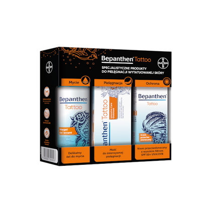 BAYER Bepanthen Tattoo, Delikatny żel do mycia, 200 ml + Maść do intensywnej pielęgnacji, 50 g+ Krem przeciwsłoneczny SPF50+, 50 g — Składniki i ocena